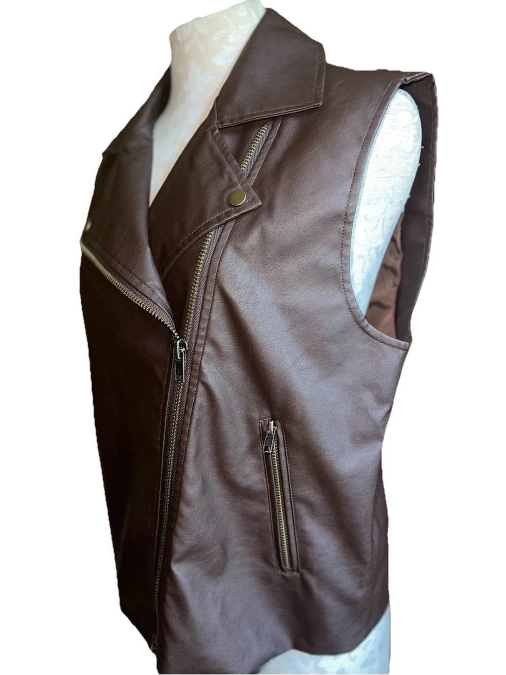 Mustard Seed Faux Leather Oversized Moto Vest Jacket Brown Size Small NWT - Picture 10 of 15